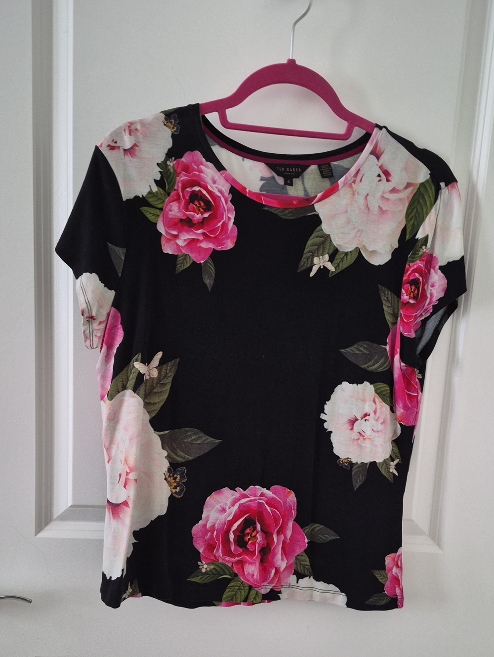 Ted Baker Black Floral Short Sleeve Tee with Pink Roses
